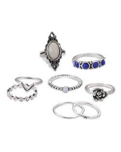 Gem Inlaid 8 pcs Vintage Rings Combo Jewelry Set