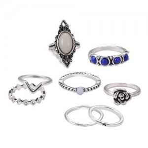 Gem Inlaid 8 pcs Vintage Rings Combo Jewelry Set