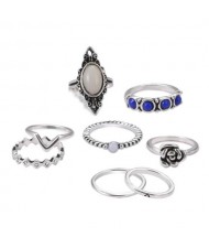 Gem Inlaid 8 pcs Vintage Rings Combo Jewelry Set