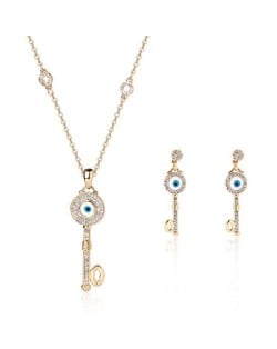 Shining Rhinestone Inlaid Eye Ball Fashion Key Necklace and Earrings 2 pcs Fashion Jewelry Set