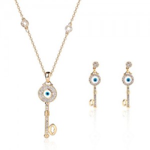 Shining Rhinestone Inlaid Eye Ball Fashion Key Necklace and Earrings 2 pcs Fashion Jewelry Set