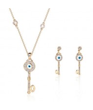 Shining Rhinestone Inlaid Eye Ball Fashion Key Necklace and Earrings 2 pcs Fashion Jewelry Set