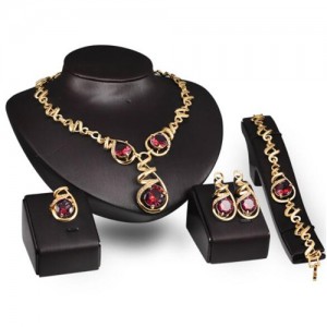 Gem Inlaid Vine Design Chain Luxurious Style 4 pcs Fashion Jewelry Set - Red