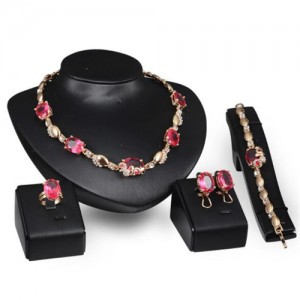 Rose Gem Embellished Romantic Floral Design 4 pcs Fashion Jewelry Set