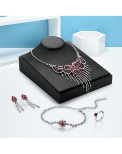 Rhinestone Embellished Circles Waterdrops and Flower Design 4 pcs Fashion Jewelry Set