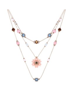 High Fashion Flower Pendant Decorated Beads and Gem Triple Layers Women Costume Necklace