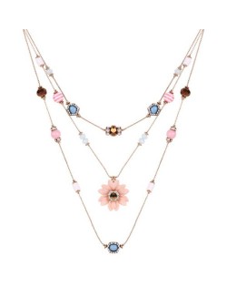 High Fashion Flower Pendant Decorated Beads and Gem Triple Layers Women Costume Necklace