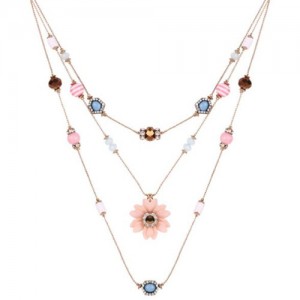 High Fashion Flower Pendant Decorated Beads and Gem Triple Layers Women Costume Necklace