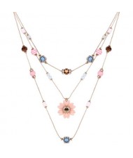 High Fashion Flower Pendant Decorated Beads and Gem Triple Layers Women Costume Necklace