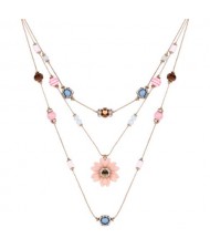High Fashion Flower Pendant Decorated Beads and Gem Triple Layers Women Costume Necklace