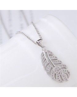 Cubic Zirconia Embellished Hollow Feather Pendant Fashion Necklace - Silver