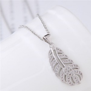 Cubic Zirconia Embellished Hollow Feather Pendant Fashion Necklace - Silver