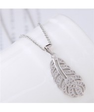 Cubic Zirconia Embellished Hollow Feather Pendant Fashion Necklace - Silver