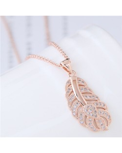 Cubic Zirconia Embellished Hollow Feather Pendant Fashion Necklace - Rose Gold