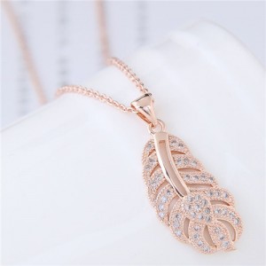 Cubic Zirconia Embellished Hollow Feather Pendant Fashion Necklace - Rose Gold