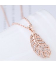 Cubic Zirconia Embellished Hollow Feather Pendant Fashion Necklace - Rose Gold