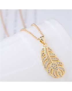 Cubic Zirconia Embellished Hollow Feather Pendant Fashion Necklace - Golden