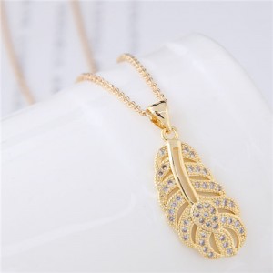 Cubic Zirconia Embellished Hollow Feather Pendant Fashion Necklace - Golden