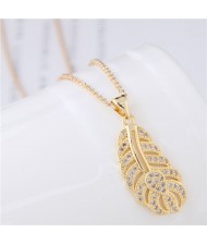Cubic Zirconia Embellished Hollow Feather Pendant Fashion Necklace - Golden