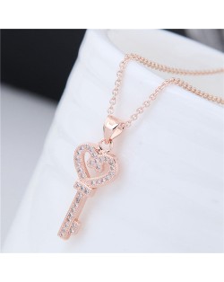 Shining Cubic Zirconia Embellished Love Heart Design Key Pendant Women Costume Necklace - Rose Gold