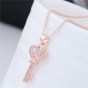 Shining Cubic Zirconia Embellished Love Heart Design Key Pendant Women Costume Necklace - Rose Gold