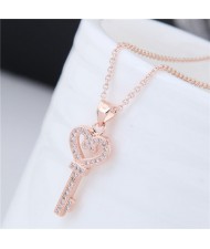 Shining Cubic Zirconia Embellished Love Heart Design Key Pendant Women Costume Necklace - Rose Gold