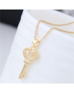 Shining Cubic Zirconia Embellished Love Heart Design Key Pendant Women Costume Necklace - Golden