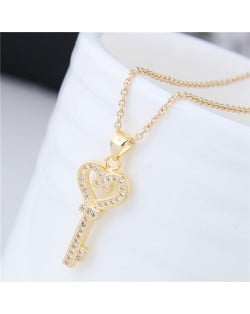 Shining Cubic Zirconia Embellished Love Heart Design Key Pendant Women Costume Necklace - Golden