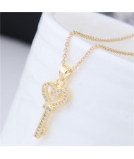 Shining Cubic Zirconia Embellished Love Heart Design Key Pendant Women Costume Necklace - Golden