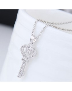 Shining Cubic Zirconia Embellished Love Heart Design Key Pendant Women Costume Necklace - Silver