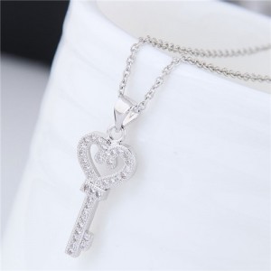Shining Cubic Zirconia Embellished Love Heart Design Key Pendant Women Costume Necklace - Silver