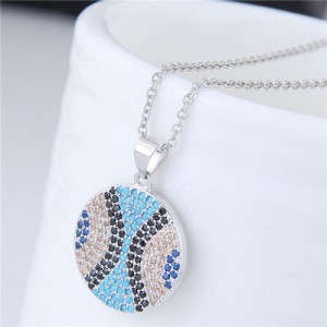 Delicate Cubic Zirconia Embellished Round Pendant Women Costume Necklace - Silver