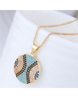 Delicate Cubic Zirconia Embellished Round Pendant Women Costume Necklace - Golden