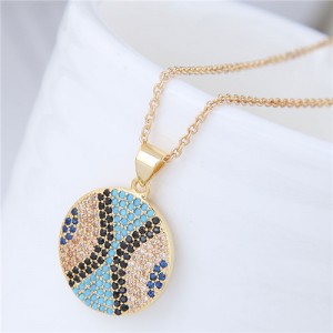 Delicate Cubic Zirconia Embellished Round Pendant Women Costume Necklace - Golden