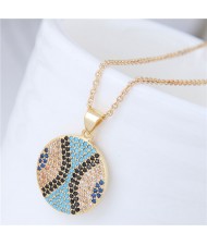 Delicate Cubic Zirconia Embellished Round Pendant Women Costume Necklace - Golden