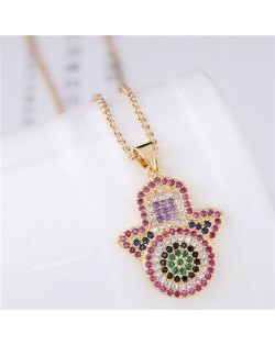 Glistening Cubic Zirconia Embellished Magic Hand Pendant Fashion Costume Necklace - Golden