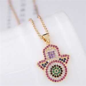 Glistening Cubic Zirconia Embellished Magic Hand Pendant Fashion Costume Necklace - Golden