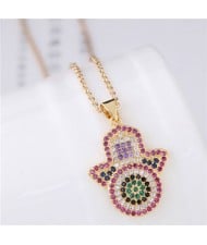 Glistening Cubic Zirconia Embellished Magic Hand Pendant Fashion Costume Necklace - Golden