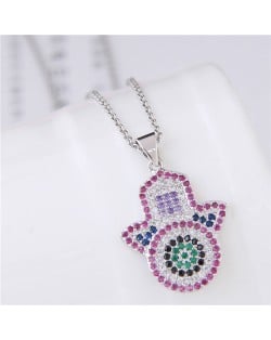 Glistening Cubic Zirconia Embellished Magic Hand Pendant Fashion Costume Necklace - Silver