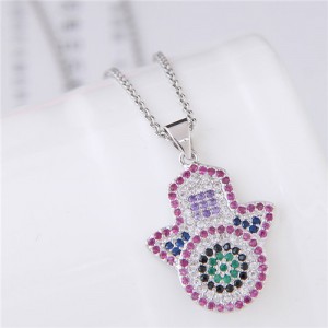 Glistening Cubic Zirconia Embellished Magic Hand Pendant Fashion Costume Necklace - Silver
