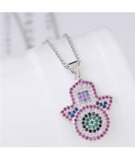 Glistening Cubic Zirconia Embellished Magic Hand Pendant Fashion Costume Necklace - Silver
