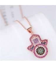 Glistening Cubic Zirconia Embellished Magic Hand Pendant Fashion Costume Necklace - Rose Gold