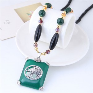 Vintage Elephant Green Pendant Chunky Black Beads Costume Necklace
