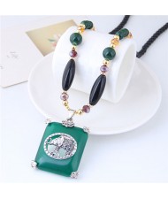 Vintage Elephant Green Pendant Chunky Black Beads Costume Necklace