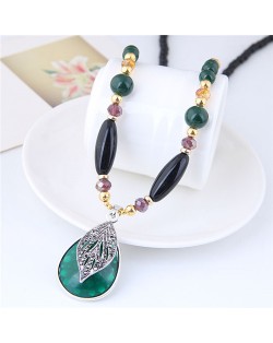 Silver Hollow Leaf Decorated Green Waterdrop Design Black Beads Long Style Fashion Necklace