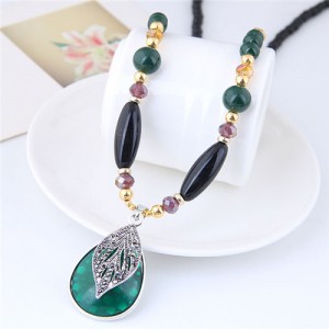 Silver Hollow Leaf Decorated Green Waterdrop Design Black Beads Long Style Fashion Necklace