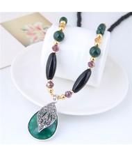Silver Hollow Leaf Decorated Green Waterdrop Design Black Beads Long Style Fashion Necklace