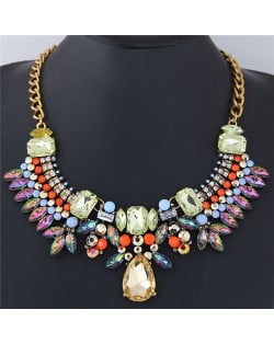 Assorted Rhinestone Combined Floral and Leaves Design High Fashion Statement Necklace