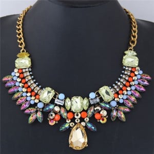 Assorted Rhinestone Combined Floral and Leaves Design High Fashion Statement Necklace