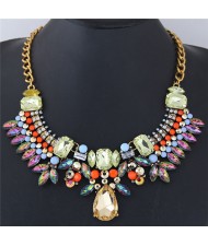 Assorted Rhinestone Combined Floral and Leaves Design High Fashion Statement Necklace